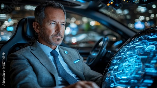 Businessman engages with high-tech dashboard in a luxury vehicle at night photo