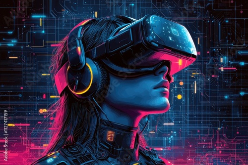 Futuristic woman immersed in virtual reality with digital headset