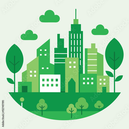 hand drawn green city with buildings and trees showcases urban planning and sustainability photo