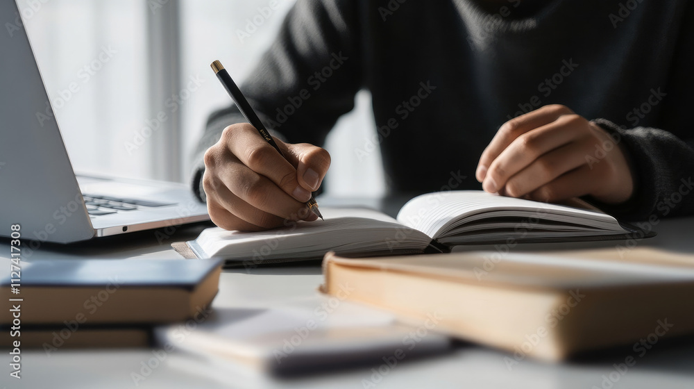 A person writing in an open notebook on the table, with books and a laptop nearby with the background, is white and bright A person writing in an open notebook on the table, with books and a laptop nearby with the background, is white and bright