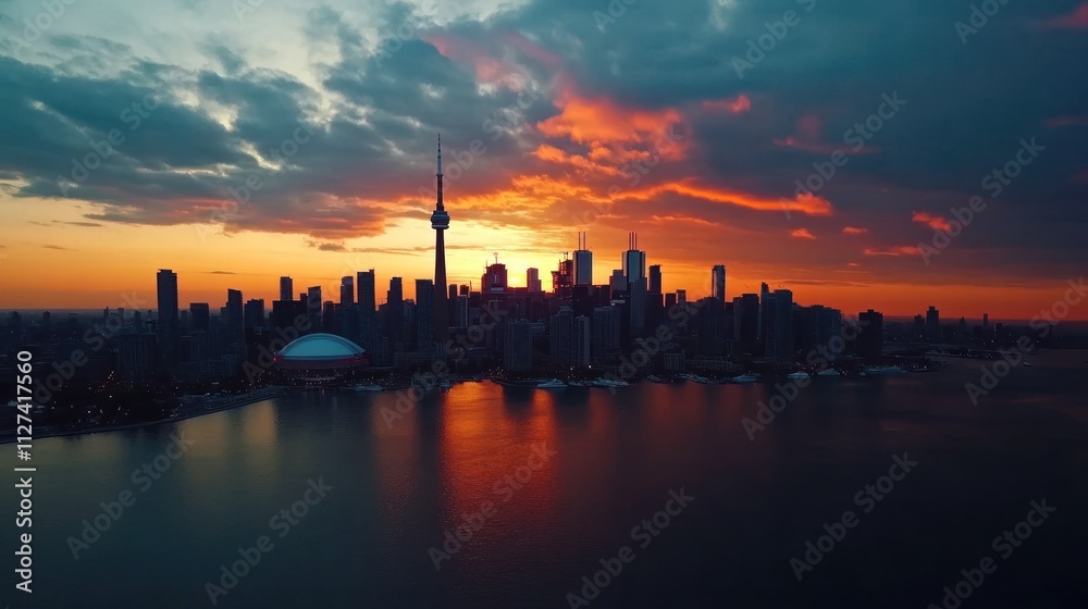 Dramatic sunset over city skyline reflected in water. Dramatic sunset over city skyline reflected in water.