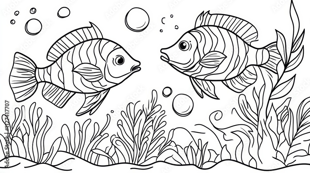 Fototapeta premium Funny Aquarium to be traced only of one line, the tracing educational game to preschool kids with easy game level, the colorful and colorless version.