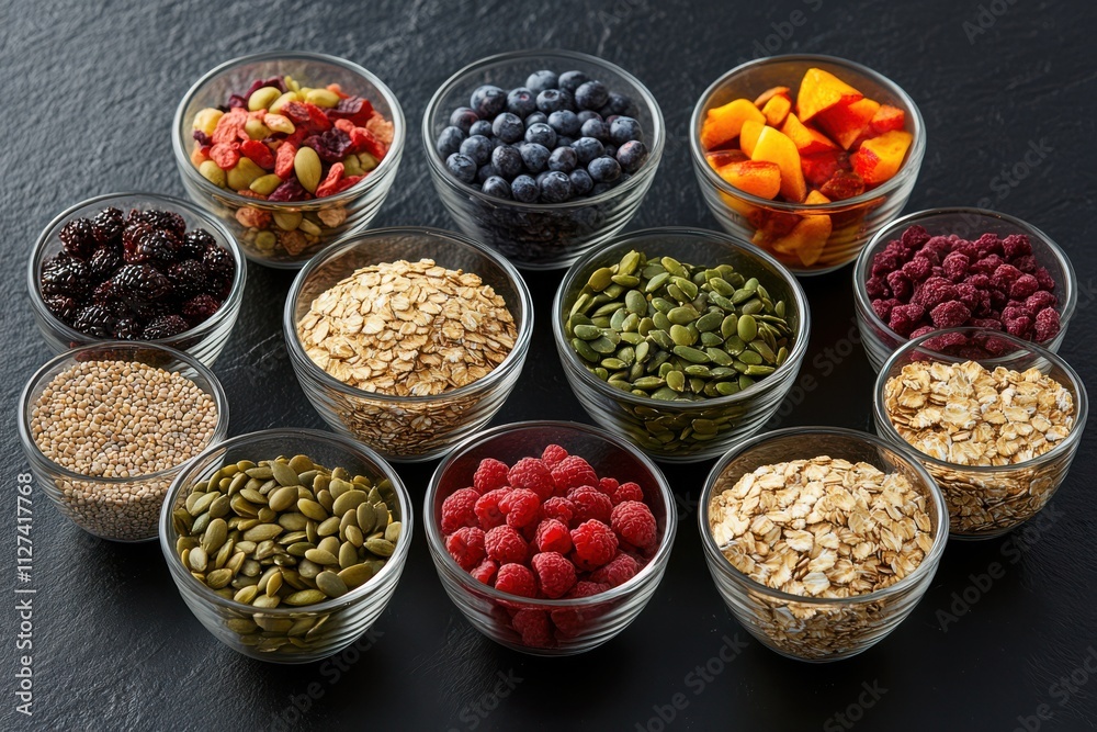 An array of cereals and grains beautifully arranged in bowls, showcasing rich textures and earthy tones on a dark surface. An array of cereals and grains beautifully arranged in bowls, showcasing rich textures and earthy tones on a dark surface.
