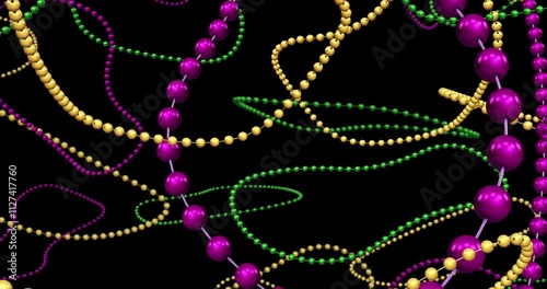 Falling Mardi Gras beads over a transparent background. 3D render.