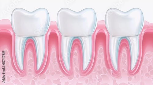 Dental health illustration showing three healthy teeth and surrounding gum tissue photo