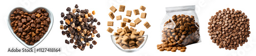 Collection of animal pet, cat, dog kibble kibbles dry dried food, many angles view stack, heart love bowl, package pack foil, fly scattered drop, on transparent cutout PNG. Mockup template for design