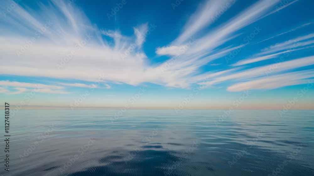 A calm ocean horizon meeting a vibrant, cloudless blue sky A calm ocean horizon meeting a vibrant, cloudless blue sky