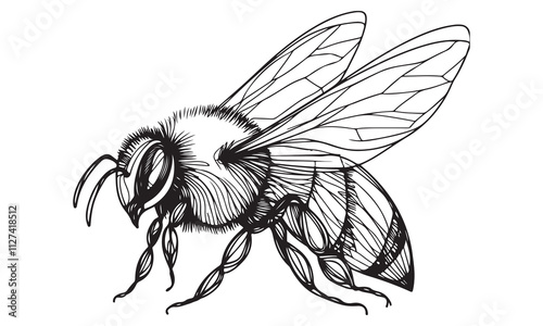 Hand drawn sketch of a bee on white background with detailed wings and body, capturing the essence of nature and wildlife