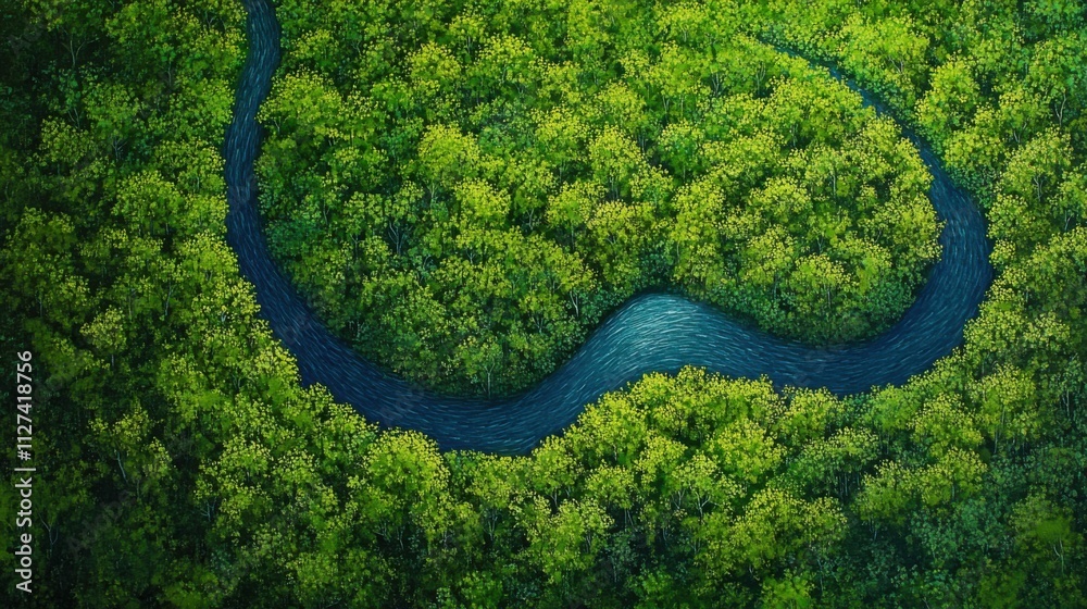 Aerial view of winding river in lush forest Aerial view of winding river in lush forest