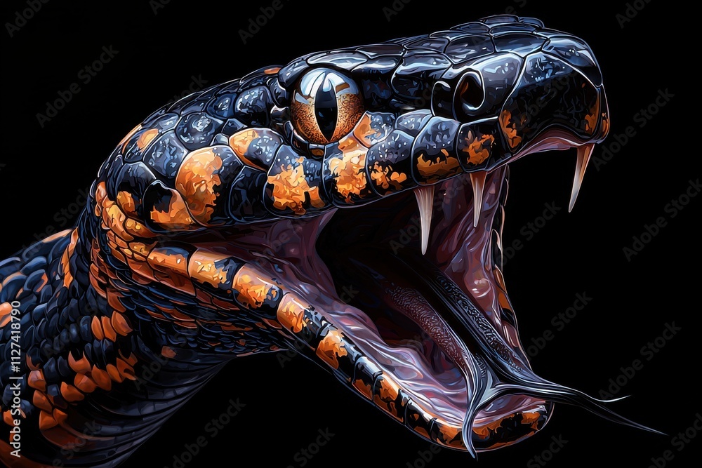 Hyper-realistic close-up of a vibrant black and orange snake with fangs Hyper-realistic close-up of a vibrant black and orange snake with fangs