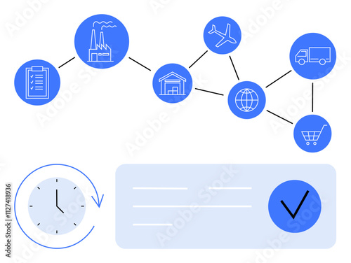 Supply chain process from manufacturing to delivery. Graphical elements include factory, warehouse, airplane, truck, globe, clipboard, checkmark and clock. Ideal for logistics supply chain