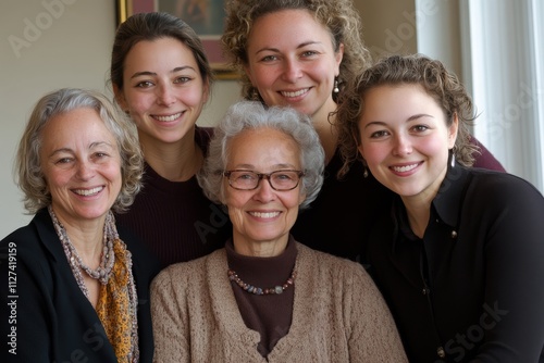 Heartwarming family portrait of six smiling women from different generations gathered closely in a cozy setting. photo