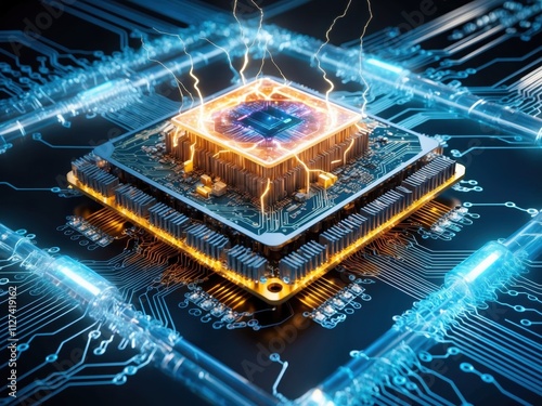 Quantum computer with glowing circuitry and holographic data streams, symbolizing tech progress