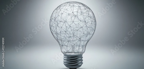 Abstract network of lines and connections inside a light bulb, representing interconnected ideas, on a gradient gray background.