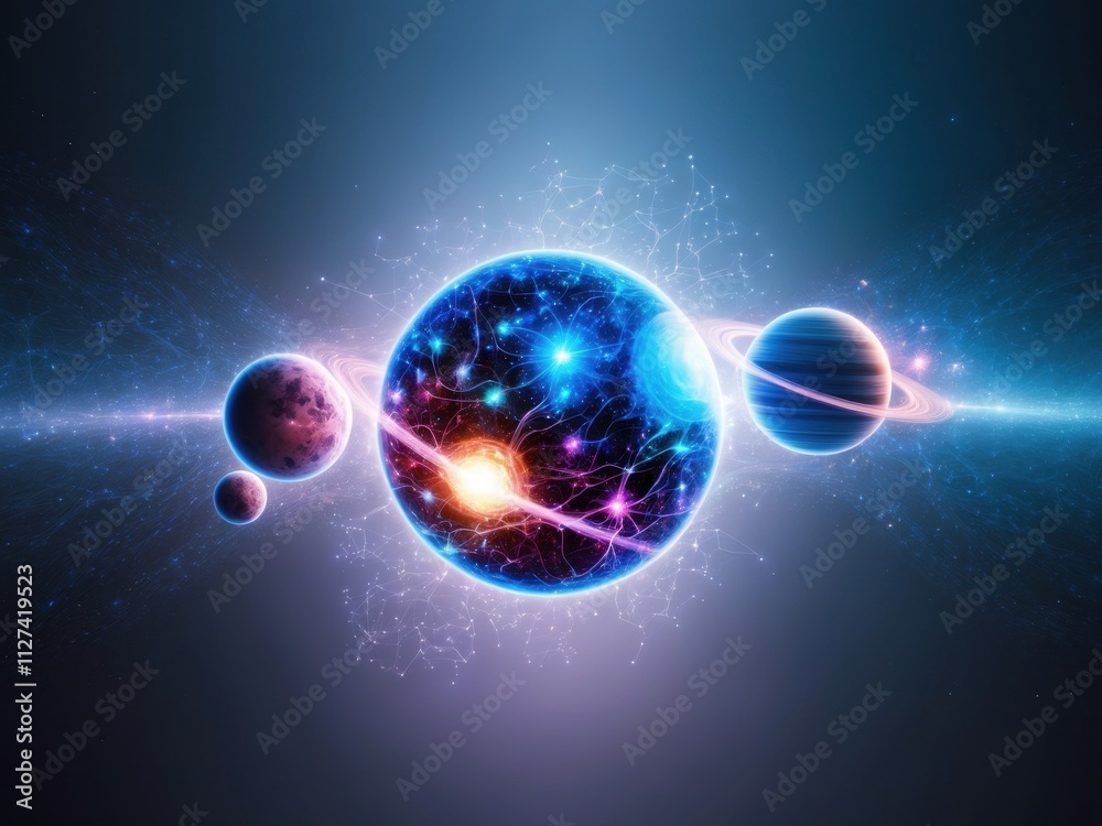 Surreal space scene with vibrant glowing planets and galaxies formed by interconnected neurons, symbolizing the cosmic connection between the universe and the human brain Surreal space scene with vibrant glowing planets and galaxies formed by interconnected neurons, symbolizing the cosmic connection between the universe and the human brain