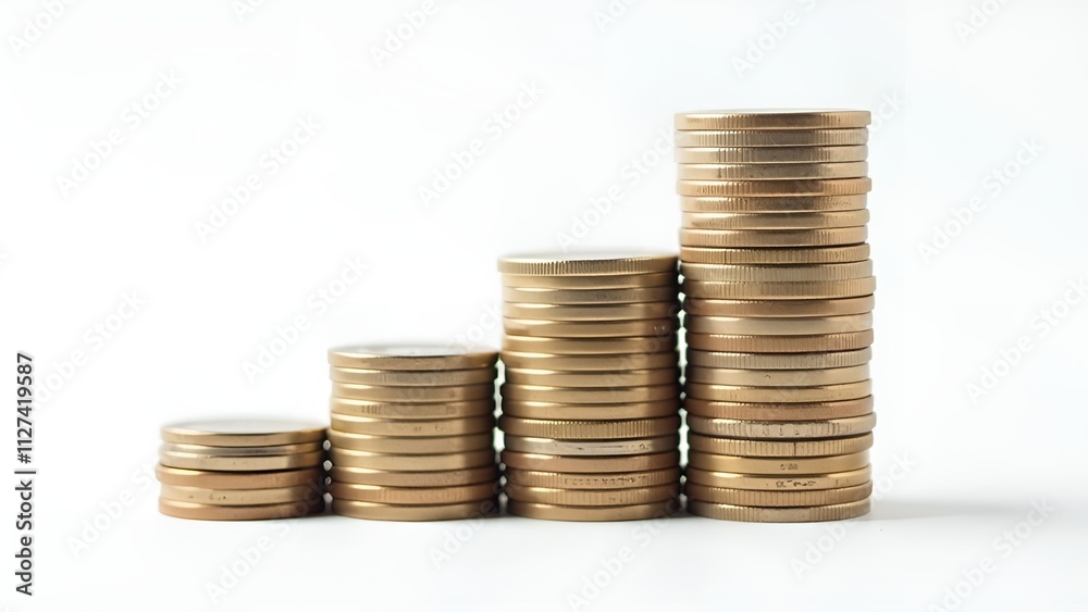 Coin on white background, stacks of coins isolated from each other, sorted by level, Coin on white background, stacks of coins isolated from each other, sorted by level,