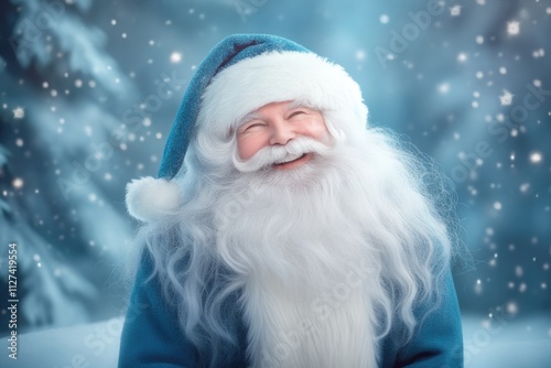 A jolly Santa Claus dressed in a blue suit, smiling warmly amidst a snowy winter wonderland background, evoking holiday cheer and nostalgia. photo