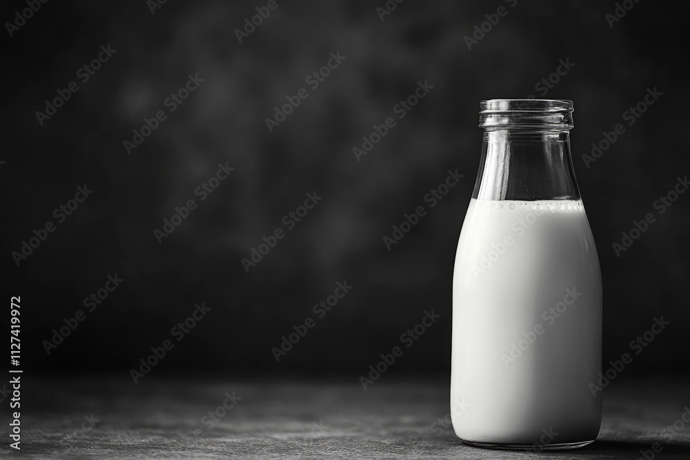 Single glass milk bottle standing on a dark table with black background, creating a dramatic and rustic atmosphere Single glass milk bottle standing on a dark table with black background, creating a dramatic and rustic atmosphere