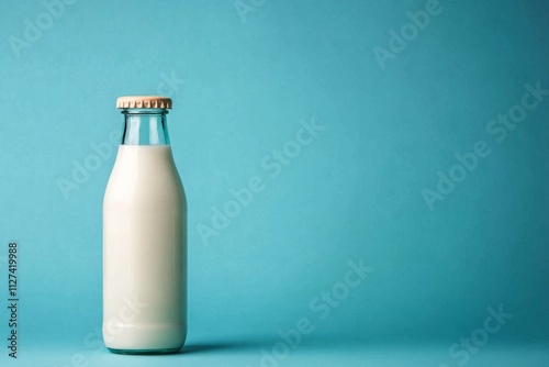 Full glass milk bottle with vintage swing top cap is standing on a blue background with copy space photo