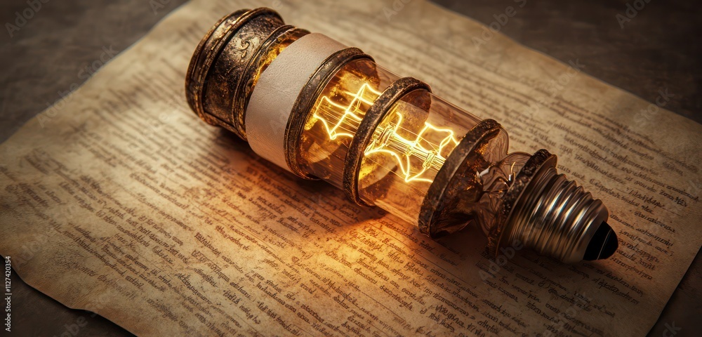Ancient scrolls glowing inside a light bulb, symbolizing wisdom and history, set on a vintage parchment background. Ancient scrolls glowing inside a light bulb, symbolizing wisdom and history, set on a vintage parchment background.