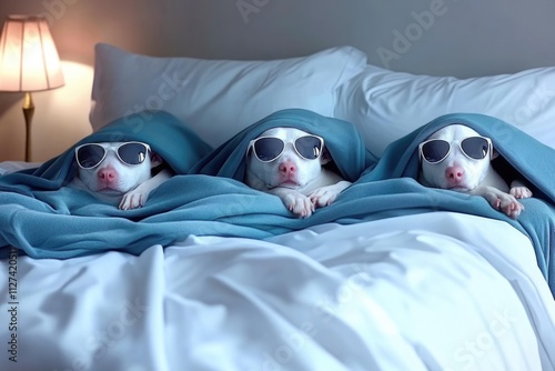 Three adorable dogs, each wearing sunglasses, snuggled under blue blankets on a bed, creating a charming and humorous scene filled with warmth and cuddliness.