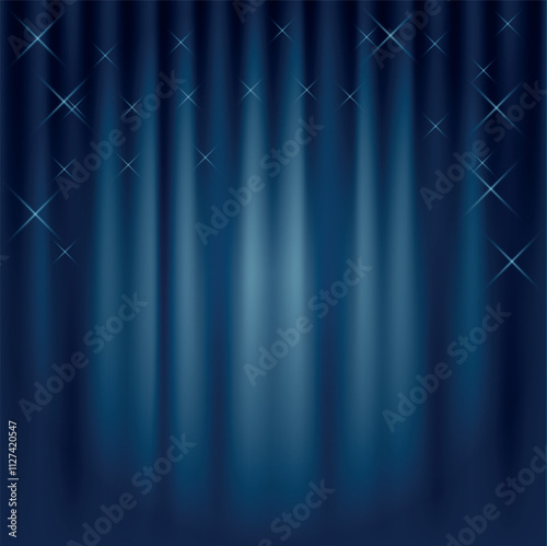 Closed blue curtain background and spotlight. Theatrical drapes.