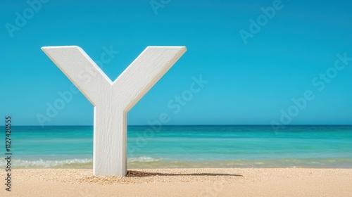 A large white letter Y stands on a sandy beach with a clear blue sky and ocean in the background, perfect for themes of travel, summer fun, or branding related to leisure and relaxation, photo