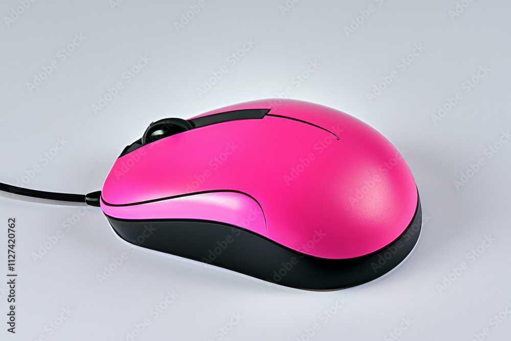 Pink computer mouse. Pink mouse on background of gray. Computer with pink mouse lying on a gray background. A computer with a pink mouse lying on a lifestyle gray background. Pink computer mouse. Pink mouse on background of gray. Computer with pink mouse lying on a gray background. A computer with a pink mouse lying on a lifestyle gray background.