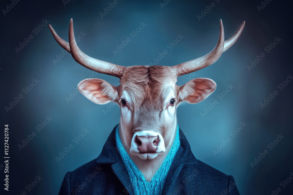 Naklejka premium A sophisticated bull dressed in a fashionable coat and scarf poses confidently, exuding an air of elegance and strength against a cool-toned background.