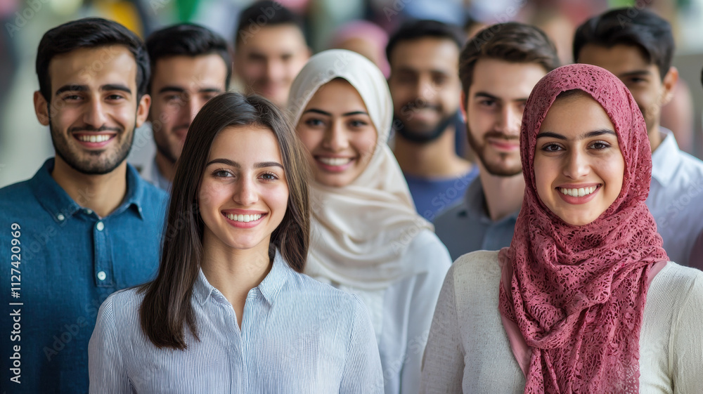 Portrait of a multicultural group of smiling young professionals, dressed in smart casual attire, standing together in a modern office environment, representing teamwork and diversity Portrait of a multicultural group of smiling young professionals, dressed in smart casual attire, standing together in a modern office environment, representing teamwork and diversity