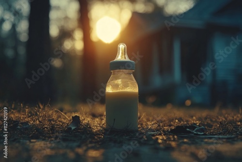 Baby bottle filled with milk resting on grass at sunset in front of a house, evoking concepts of childhood, nutrition, and family life