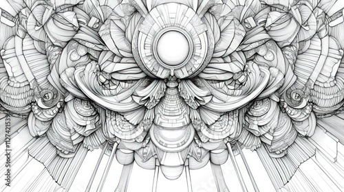 Intricate symmetrical grayscale abstract artwork.