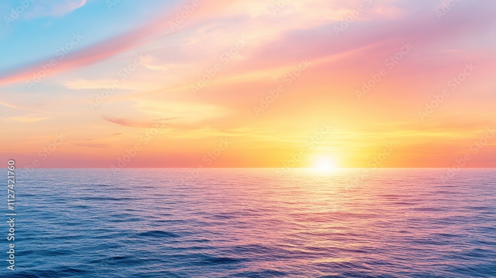 A serene ocean view at sunset, showcasing vibrant colors blending in the sky above calm waters, Ideal for travel blogs, relaxation themes, or environmental projects A serene ocean view at sunset, showcasing vibrant colors blending in the sky above calm waters, Ideal for travel blogs, relaxation themes, or environmental projects