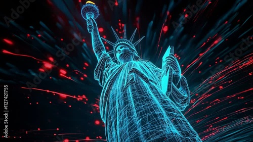 Futuristic Statue of Liberty Digital Wireframe Seamless Loop