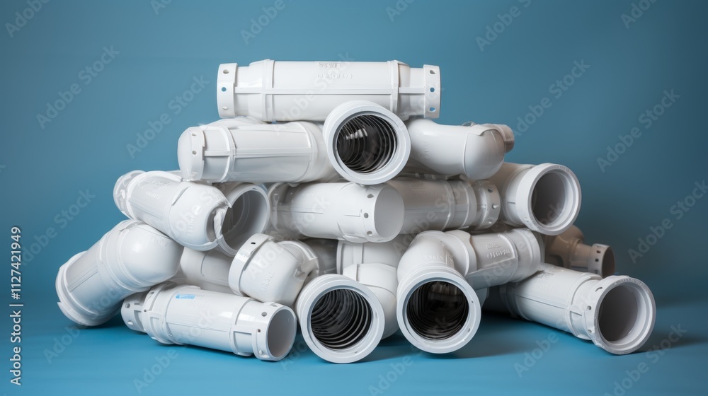 Fototapeta premium White pvc plumbing pipes with a minor water leak set against a gray background for plumbing issues