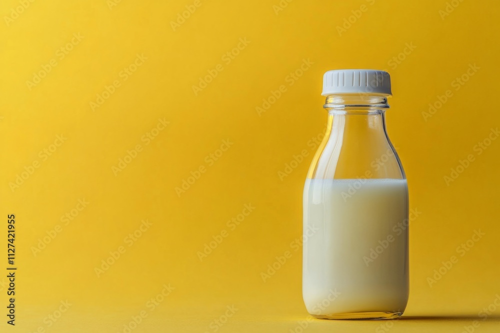 Refreshing milk in a glass bottle sits on a bright yellow backdrop, offering a healthy and vibrant visual with ample copy space Refreshing milk in a glass bottle sits on a bright yellow backdrop, offering a healthy and vibrant visual with ample copy space