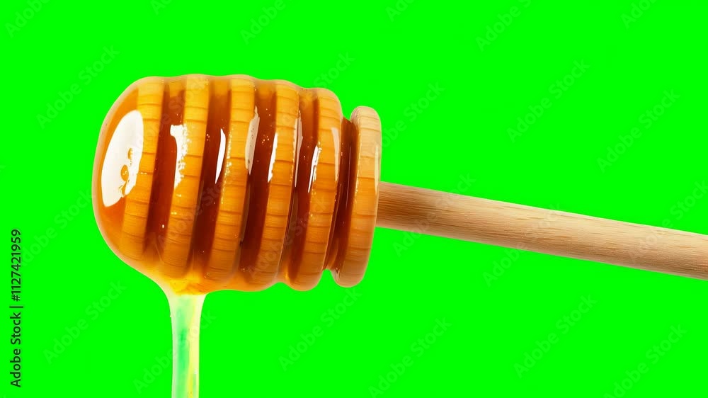Discover the process of pouring honey with a wooden dipper against a green background Discover the process of pouring honey with a wooden dipper against a green background