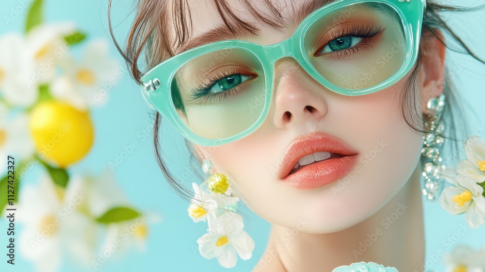 Fototapeta premium A close-up portrait of a woman wearing oversized mint green sunglasses, adorned with floral accessories, against a vibrant turquoise background, Ideal for fashion, beauty, and summer campaigns,