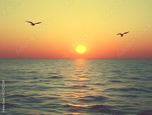 Tranquil Sunset Ocean Scene With Two Birds In Flight