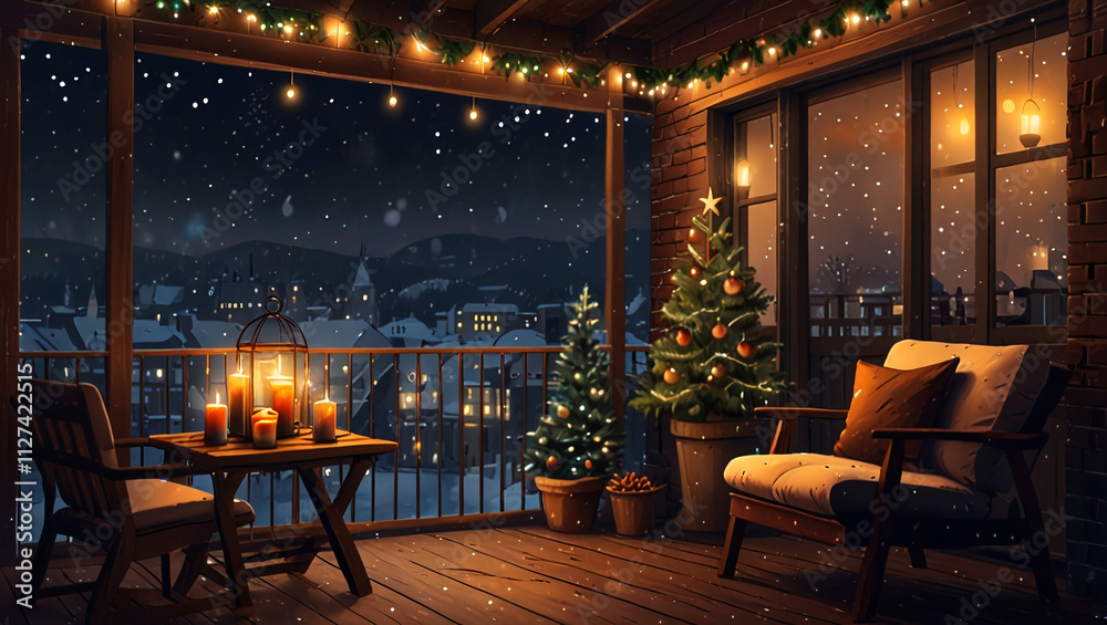 Fototapeta premium illustration of a balcony with a beautiful Christmas tree and candles