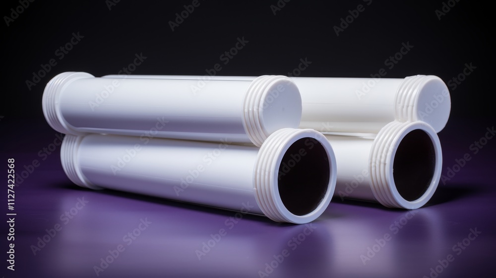 Fototapeta premium White pvc plumbing pipes with a minor water leak on a gray background for inspection or repair