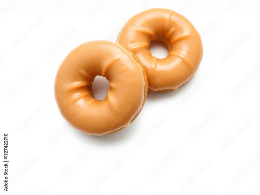 Two freshly baked glazed donuts on a white background, isolated, sugar rush Two freshly baked glazed donuts on a white background, isolated, sugar rush