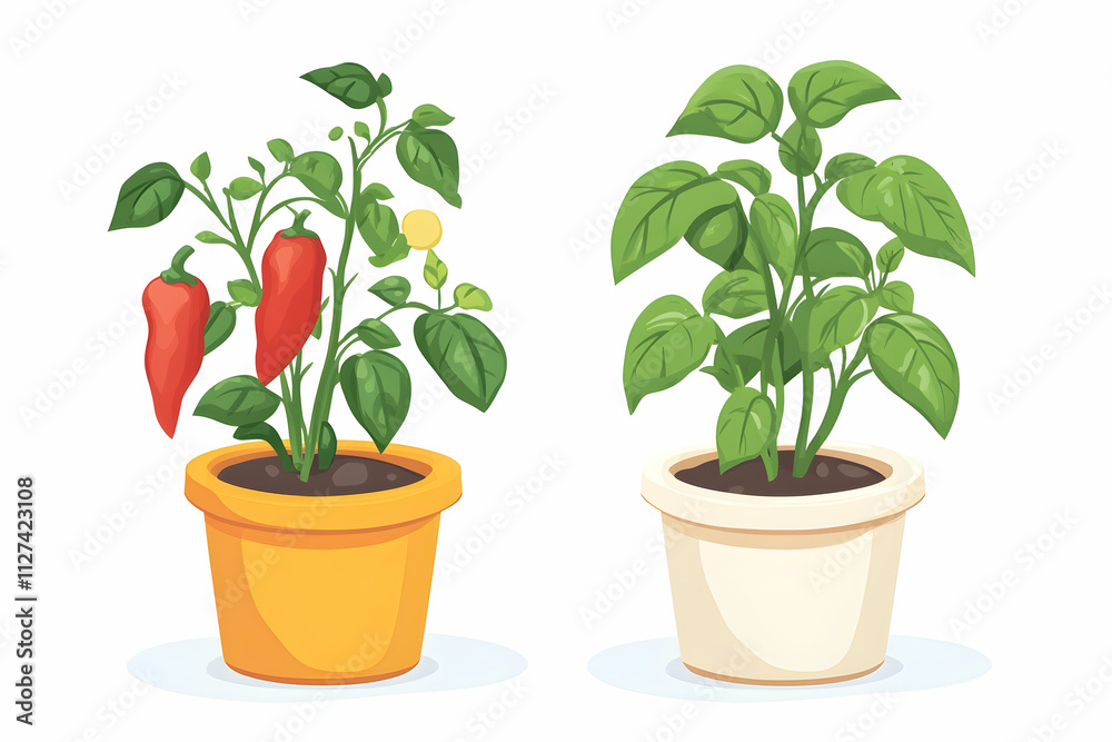 Decorative pepper and basil in pots. Indoor plant. Compact home garden4k image Decorative pepper and basil in pots. Indoor plant. Compact home garden4k image