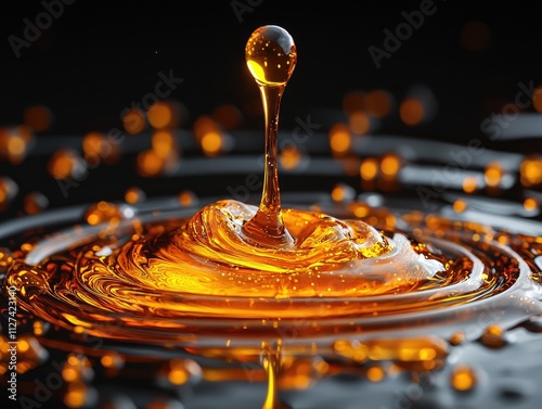 Golden droplets cascade from a height, creating intricate ripples and swirls on the glossy surface of honey. This striking interplay of light and shadow captivates the senses