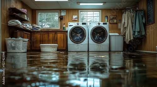 Flooded laundry room with washing machines and reflections photo