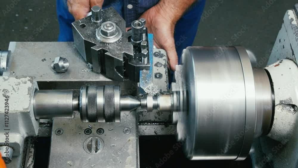 Workers Operating Milling Machine in Industrial Factory Workers Operating Milling Machine in Industrial Factory