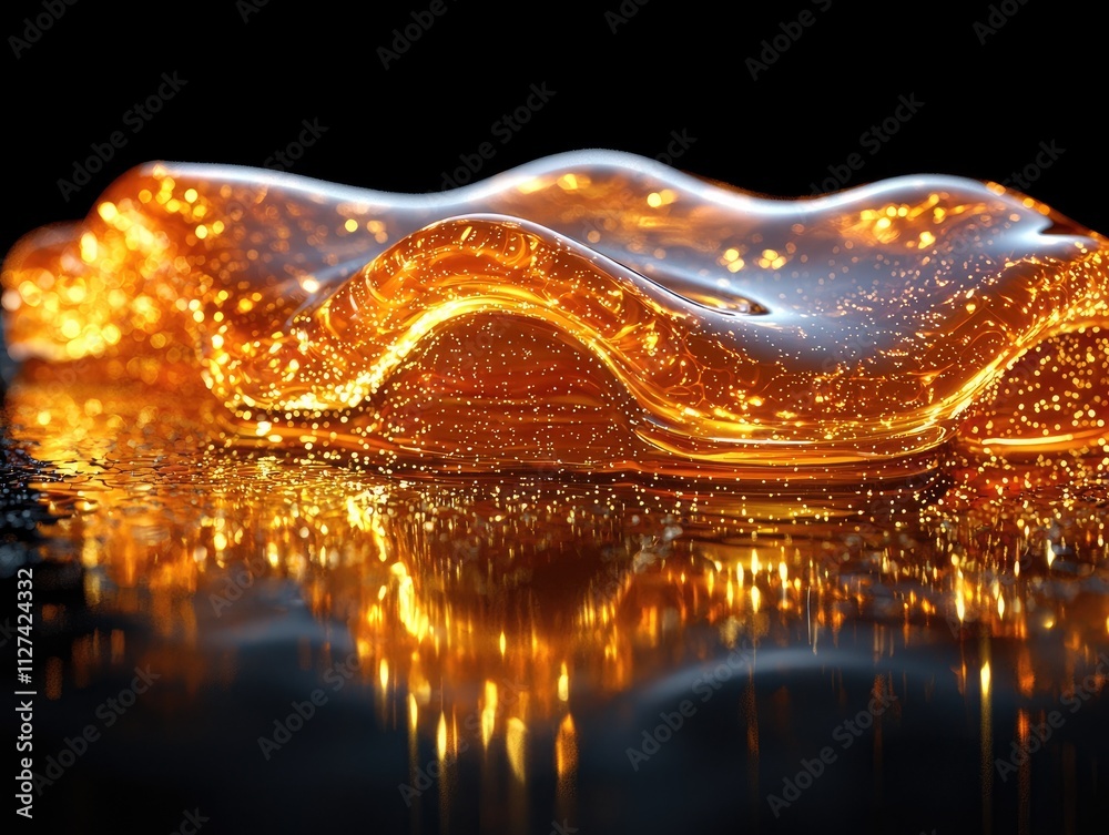 Fototapeta premium A vibrant pool of liquid honey sits serenely on a sleek black background, reflecting light and creating captivating golden ripples and bubbles in every direction