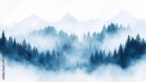 Misty forest landscape at dawn with distant mountains and pine trees