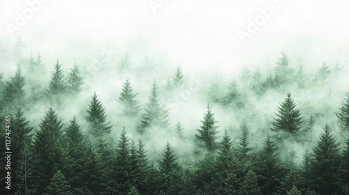 Misty forest landscape with evergreen trees during a calm morning