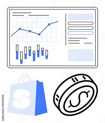 Data analytics display featuring graphs, bar charts, and textual data. Shopping bag and dollar coin icons. Ideal for e-commerce, retail analysis, financial planning, business strategy, consumer